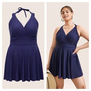 BloomChic Blue Swimsuit Dress One Piece Swim with skirt Plus Size Ruched